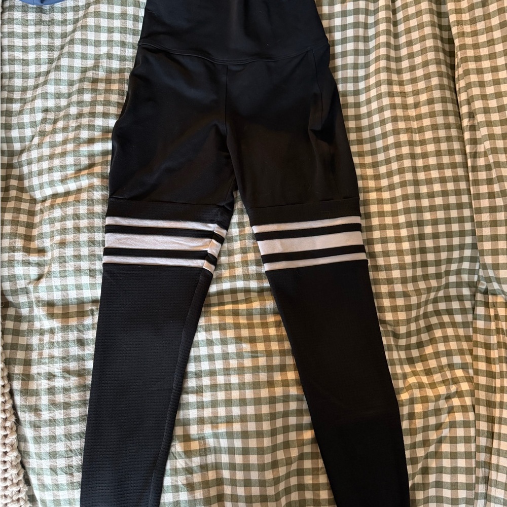 Bombshell Sportswear Black Leggings with White Stripes-PERFORM THIGH HIGHS